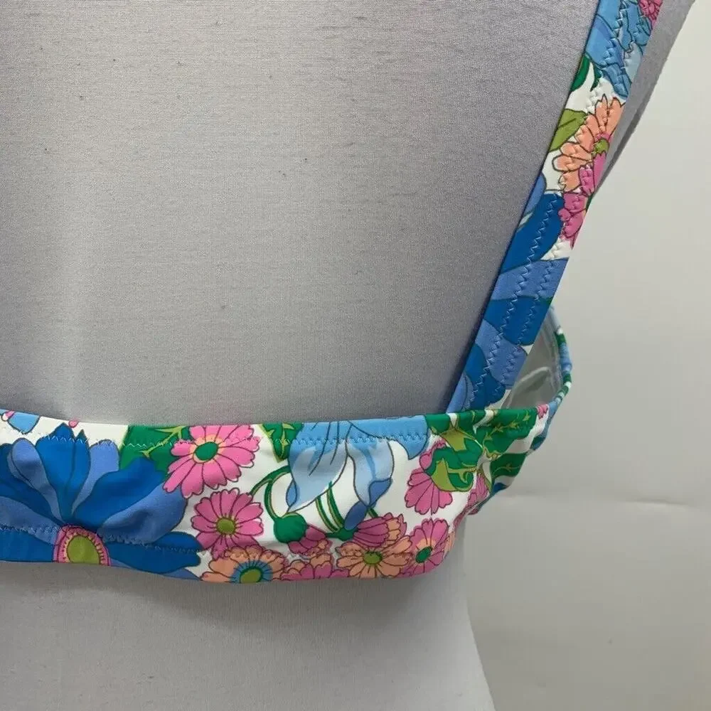 J Crew Bikini Top Womens L Large Multi Fairy Floral Print Eco Tie Front Swimwear